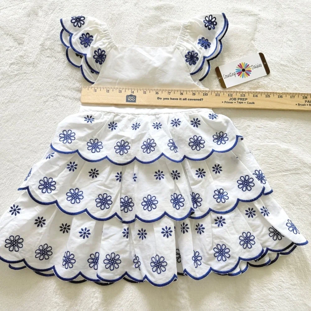 Counting Daisies Toddler 3T White Blue Floral Embroidered Tiered Dress NEW
